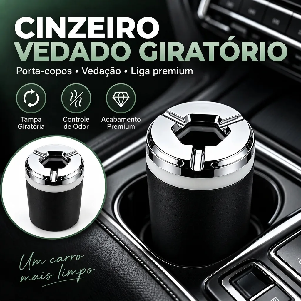 Cinzeiro veicular preto com tampa cromada giratória