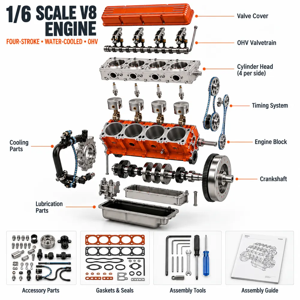 Kit de Motor V8 de Mesa 1/6, 4 Tempos, 44cc, Refrigerado a Água, OHV, Gasolina, Modelo Small-Block — foto 4