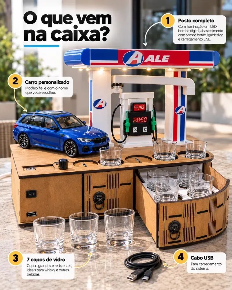 AutoBar™ – Dispenser de Bebidas Carro e Posto Personalizado — Abastecer nunca foi tão divertido